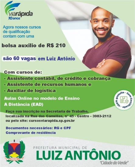 Cursos da VIARÁPIDA com bolsa auxílio de R$210,00 reais