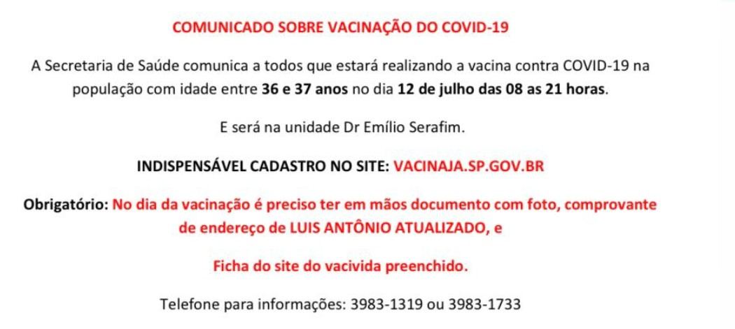 COMUNICADO SOBRE VACINAÇÃO DO COVID-19