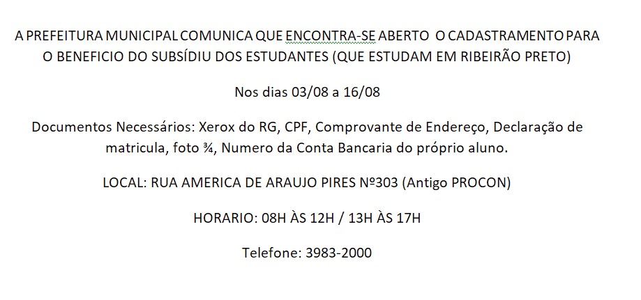 CADASTRAMENTO PARA O BENEFICIO DO SUBSÍDIOU DOS ESTUDANTES